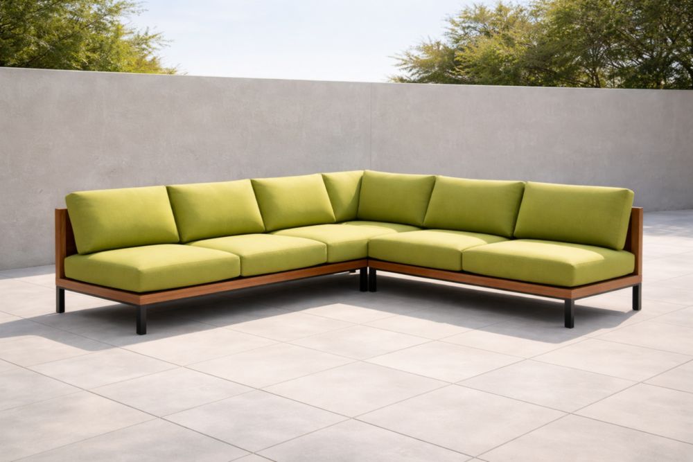 Canapé d'angle extérieur en bois et tissu polyester vert 5 places-Decorivio