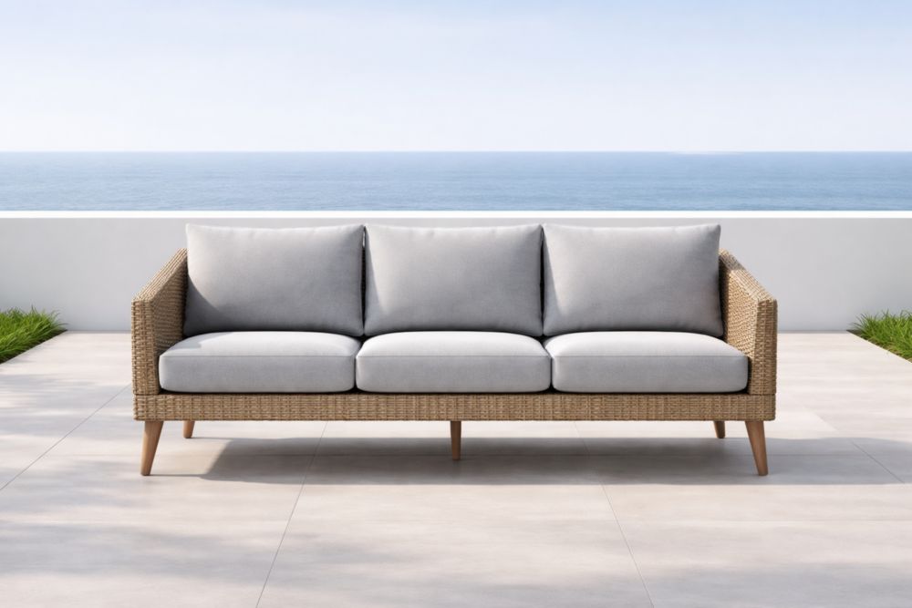 Canapé 3 Places Extérieur en Rotin avec Coussins Gris-Decorivio