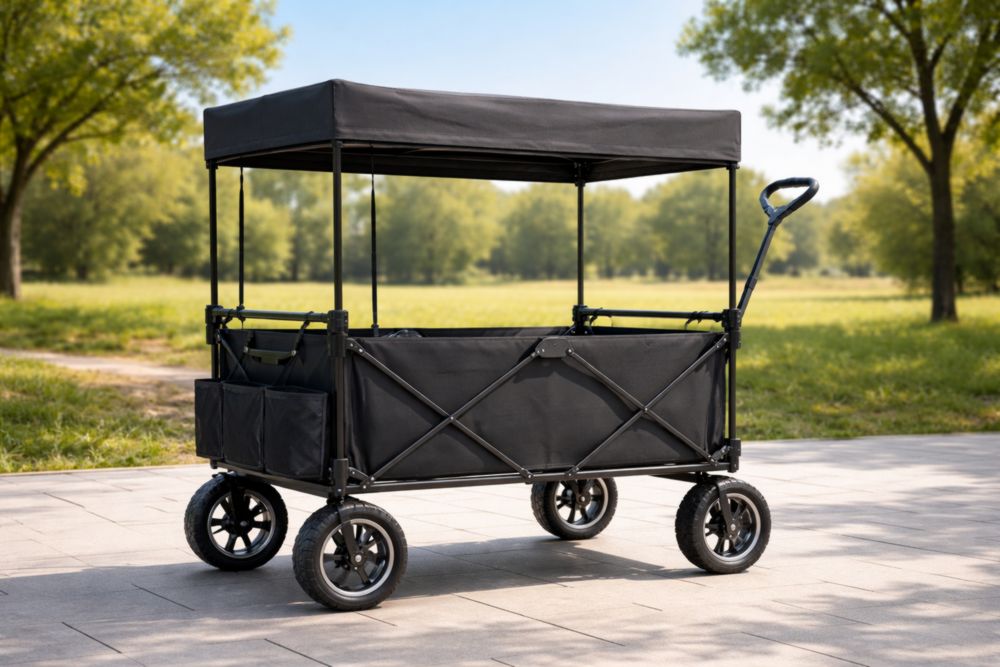 Chariot de Jardin Pliable en Acier et Tissu avec Toit, Noir-Decorivio