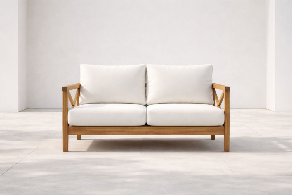 Canapé en bois de teck avec coussins en polyester blanc-Decorivio