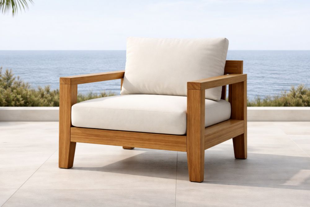 Fauteuil d'extérieur en bois de teck avec coussins en polyester Beige-Decorivio