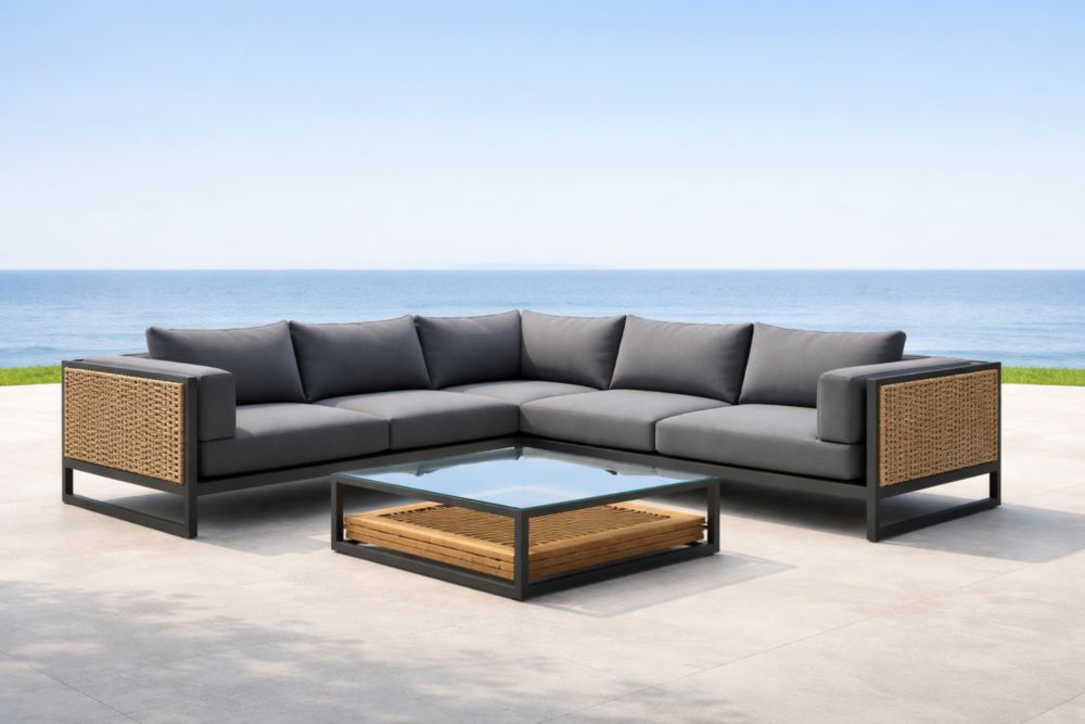 Ensemble de canapé d'angle extérieur en aluminium et rotin synthétique avec table basse en verre trempé-Decorivio