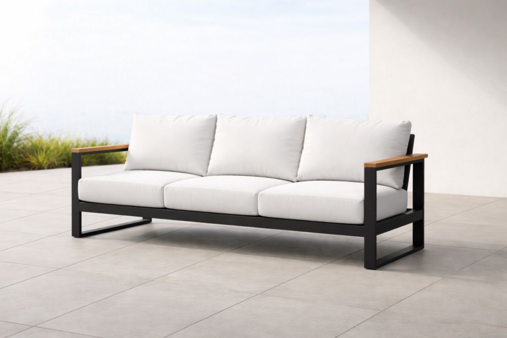 Canapé extérieur en aluminium et bois avec coussins en polyester blancs-Decorivio