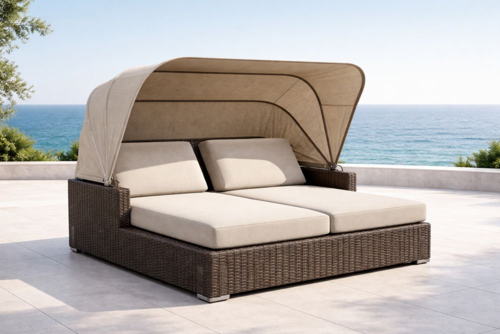 Lit de jardin double en rotin avec auvent beige-Decorivio