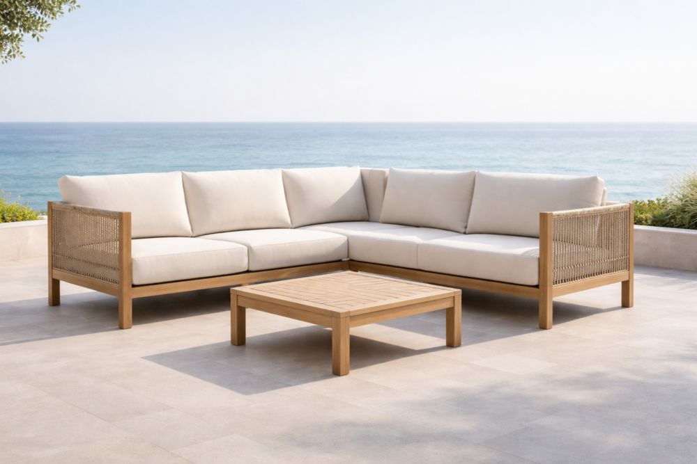 Canapé d'angle extérieur en bois de teck avec coussins en polyester beige-Decorivio