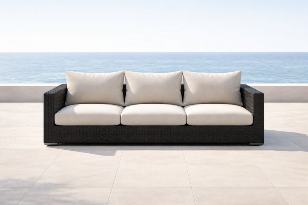 Canapé extérieur 3 places en résine tressée noire avec coussins écrus-Decorivio