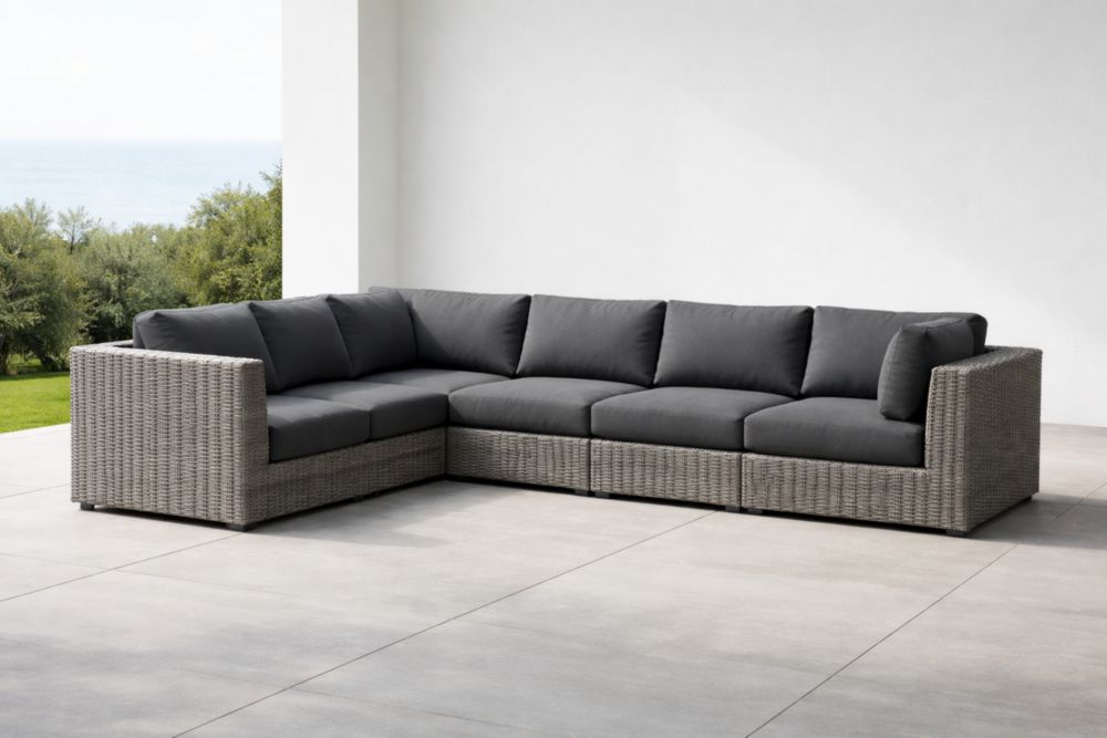 Canapé d'angle modulable en rotin synthétique Gris Foncé-Decorivio