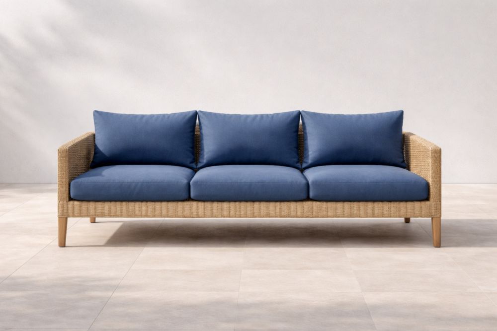 Canapé en rotin 3 places coussins bleu-Decorivio