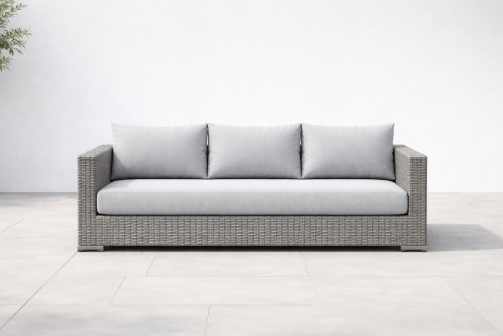 Canapé 3 Places Rotin avec Coussins Gris-Decorivio