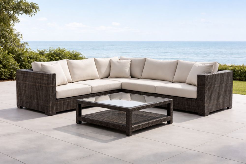 Ensemble de Salon d'Extérieur en Résine Tressée Brun avec Coussins Beige et Table en Verre-Decorivio