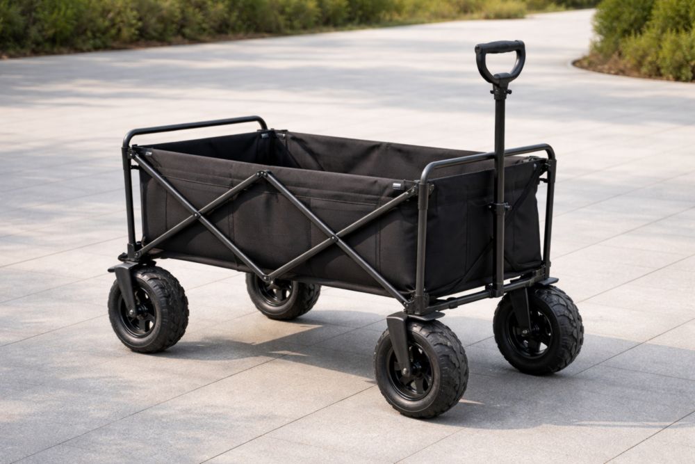 Chariot de Transport Pliable en Acier et Tissu Oxford Noir avec Roues Tout-Terrain-Decorivio