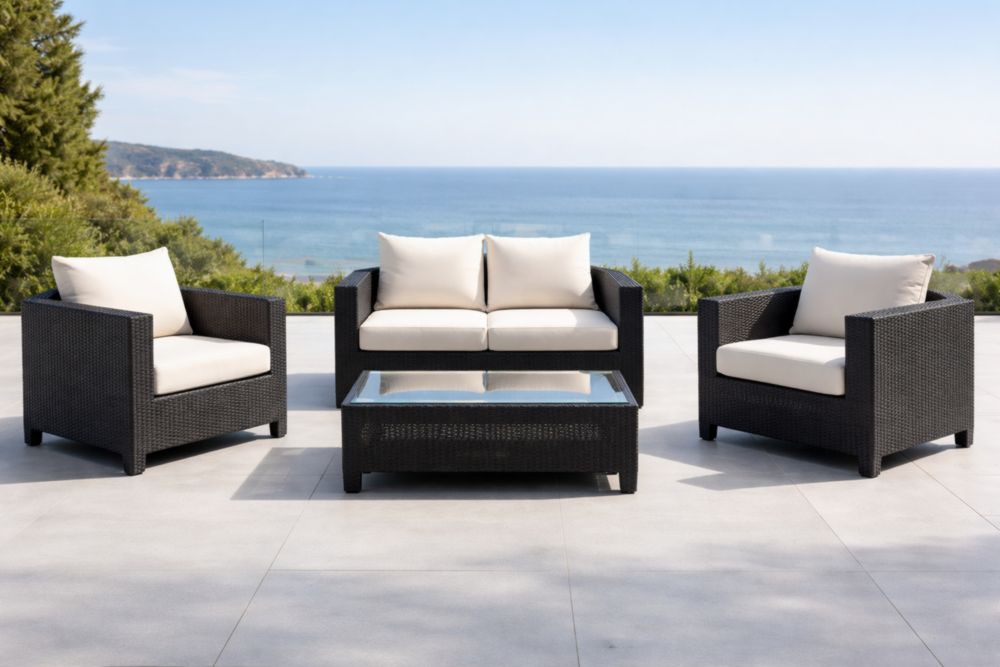 Ensemble mobilier extérieur en résine tressée noir avec coussins beiges-Decorivio