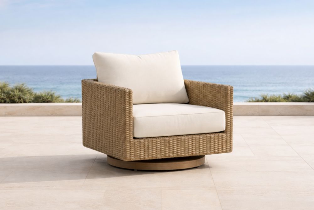 Fauteuil d'extérieur pivotant en osier synthétique beige-Decorivio