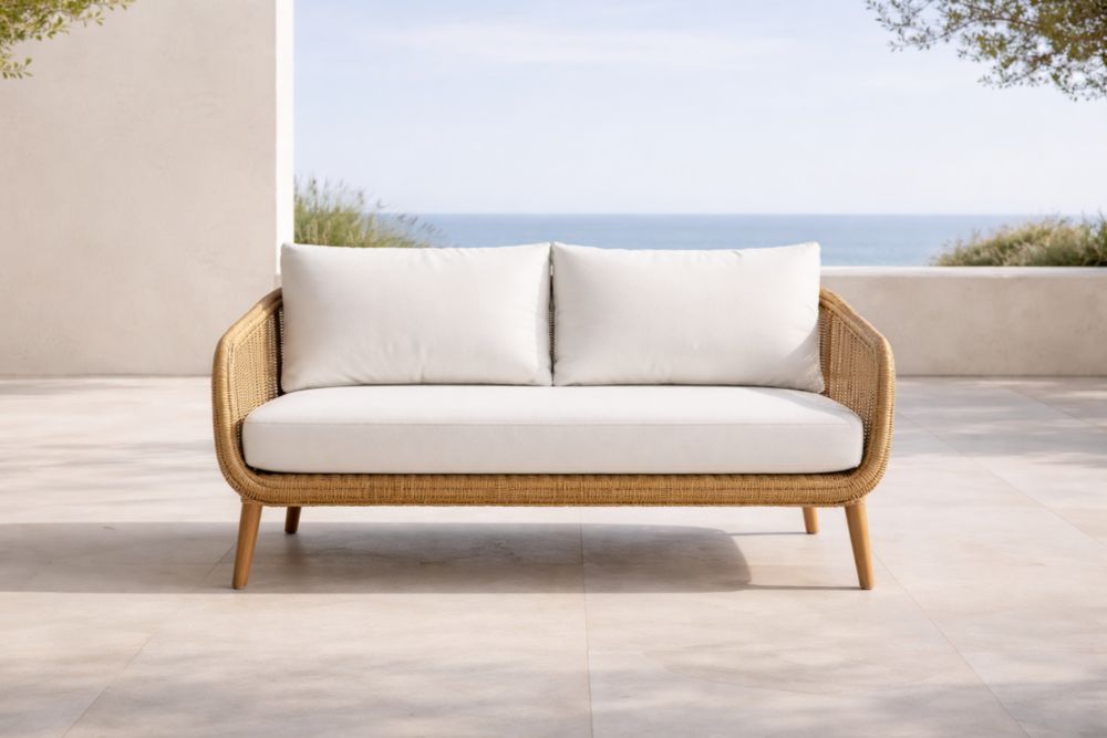 Canapé de jardin en rotin et coussins en tissu blanc-Decorivio