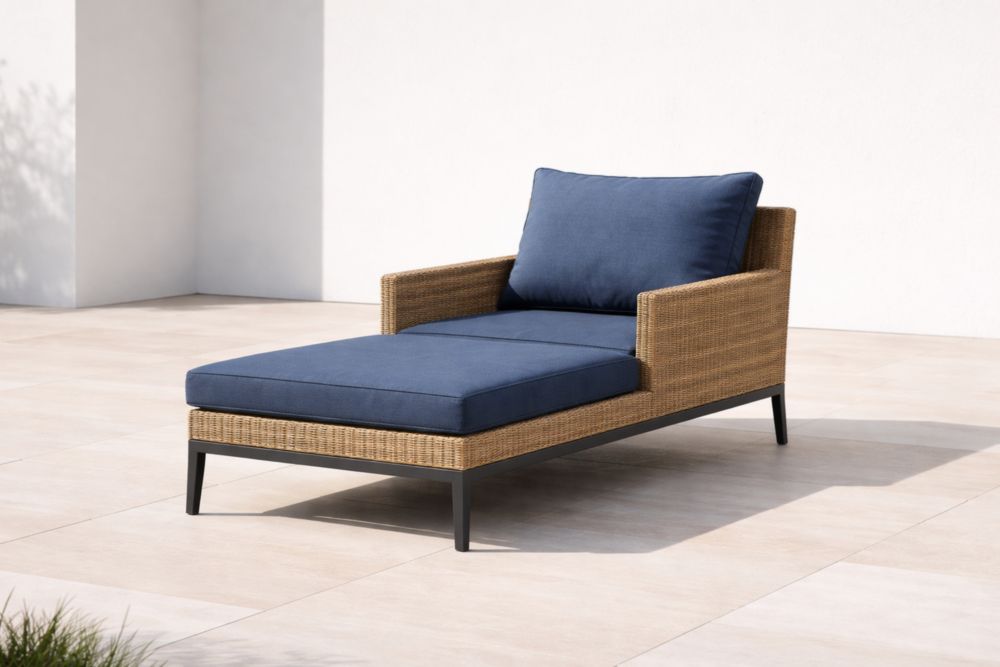 Chaise Longue Rotin Métal Coussin Tissu Bleu-Decorivio