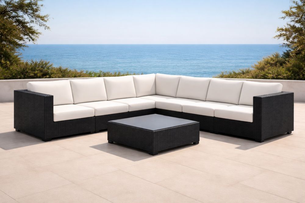 Canapé d'angle en résine tressée noir avec coussins ivoire-Decorivio