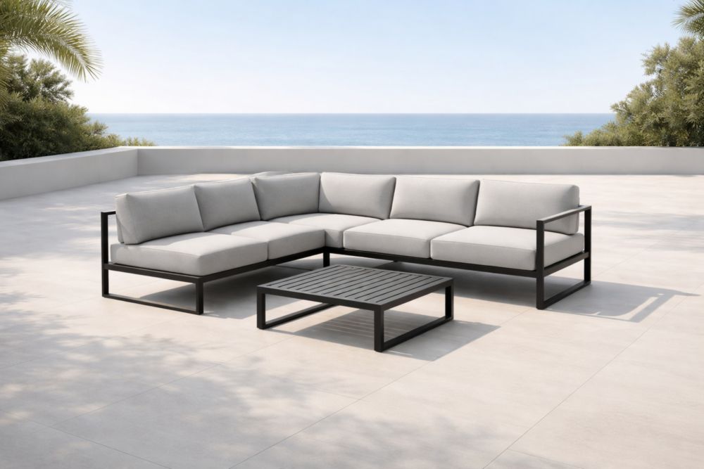 Ensemble de salon extérieur aluminium avec coussins en polyester gris-Decorivio