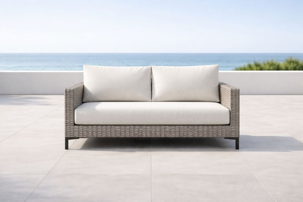 Canapé extérieur 2 places rotin synthétique gris coussins blancs-Decorivio