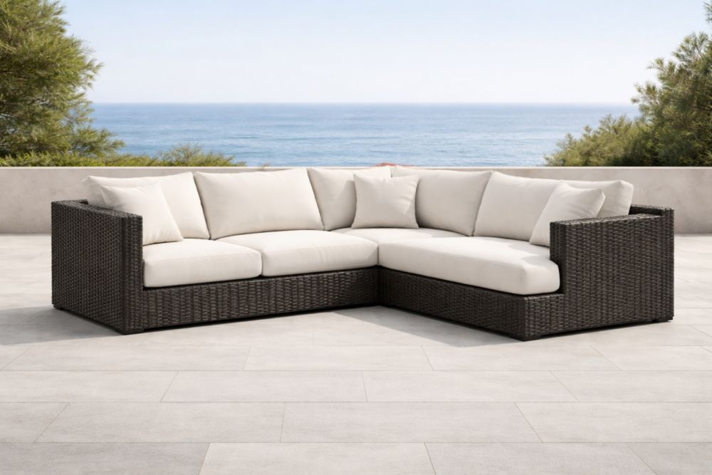 Canapé d'angle extérieur en résine tressée avec coussins déhoussables-Decorivio