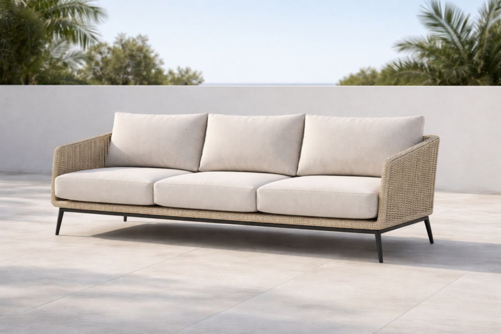 Canapé d'extérieur en rotin avec coussins en polyester Beige-Decorivio