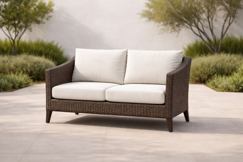 Canapé d'extérieur 2 places en rotin PE et coussins en polyester beige-Decorivio