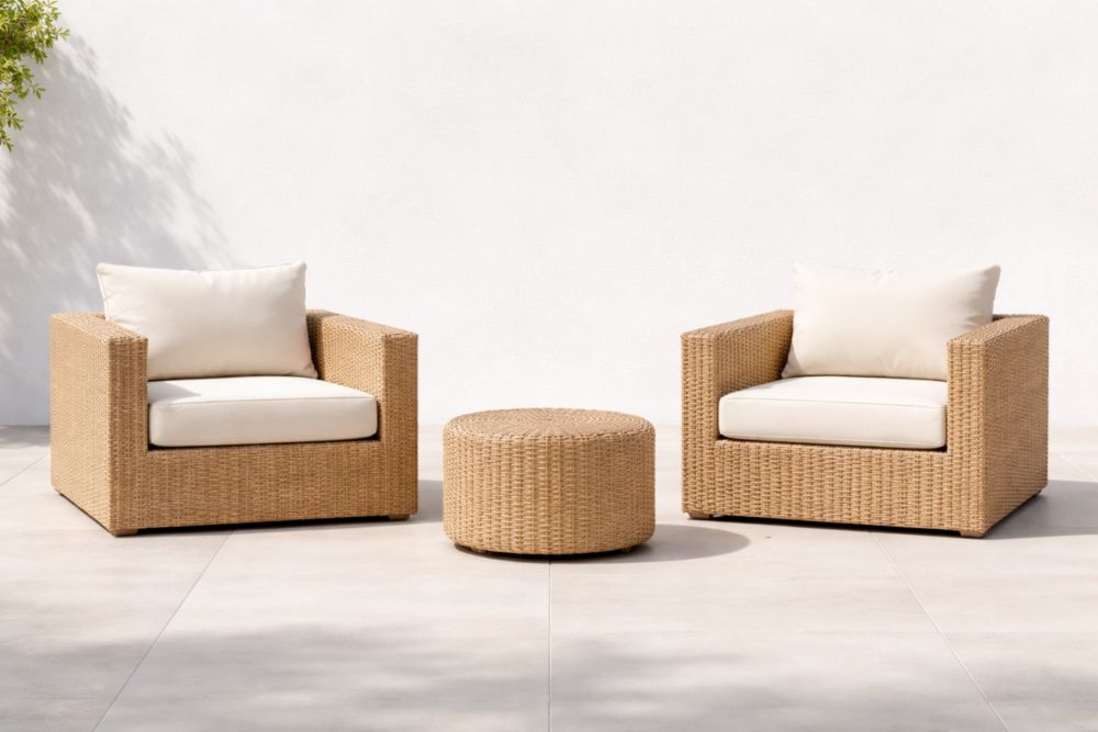 Ensemble de salon en rotin synthétique et coussins beige-Decorivio