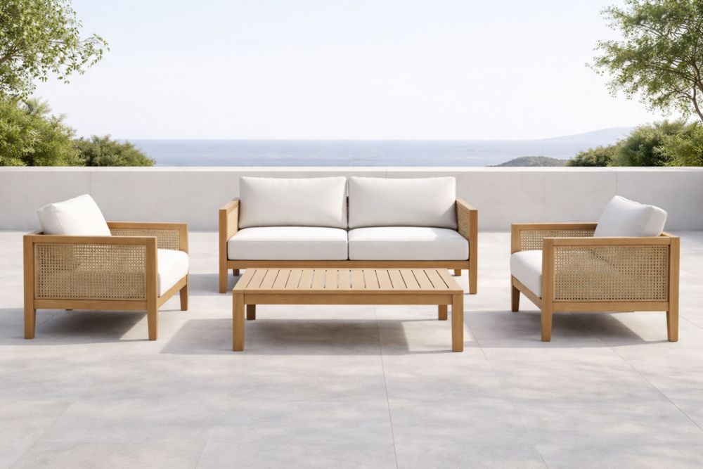 Ensemble de Salon en Bois et Rotin avec Coussins Blancs-Decorivio