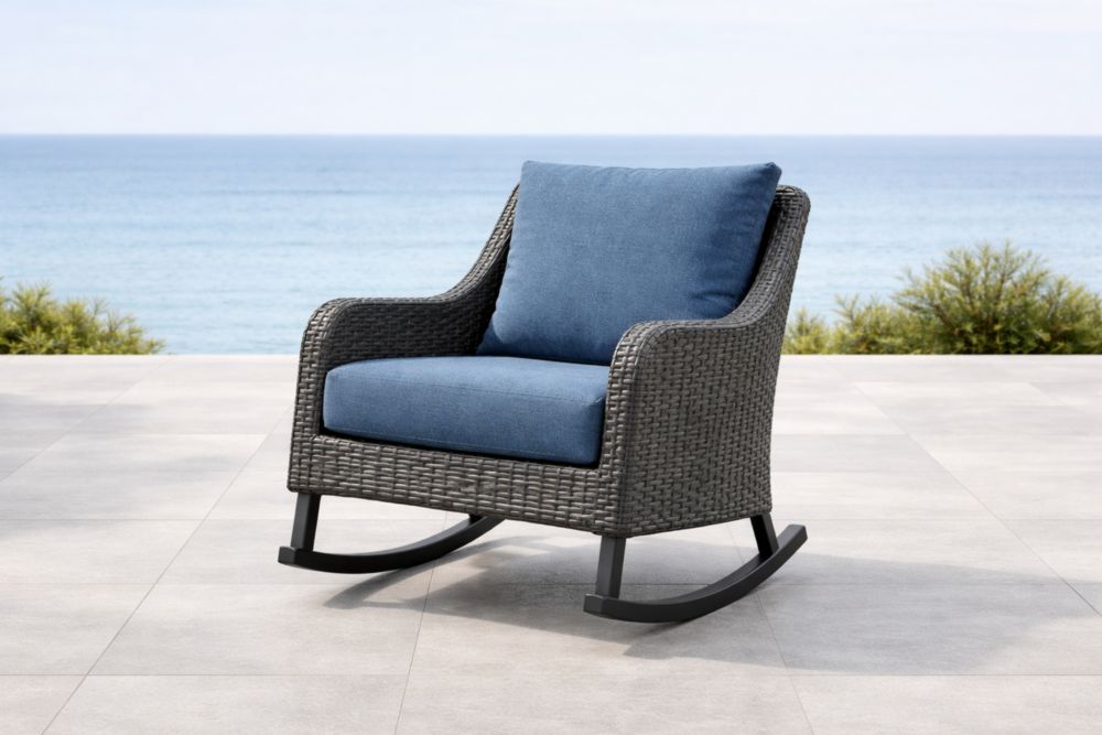 Chaise à bascule en résine tressée avec coussins en polyester bleu-Decorivio