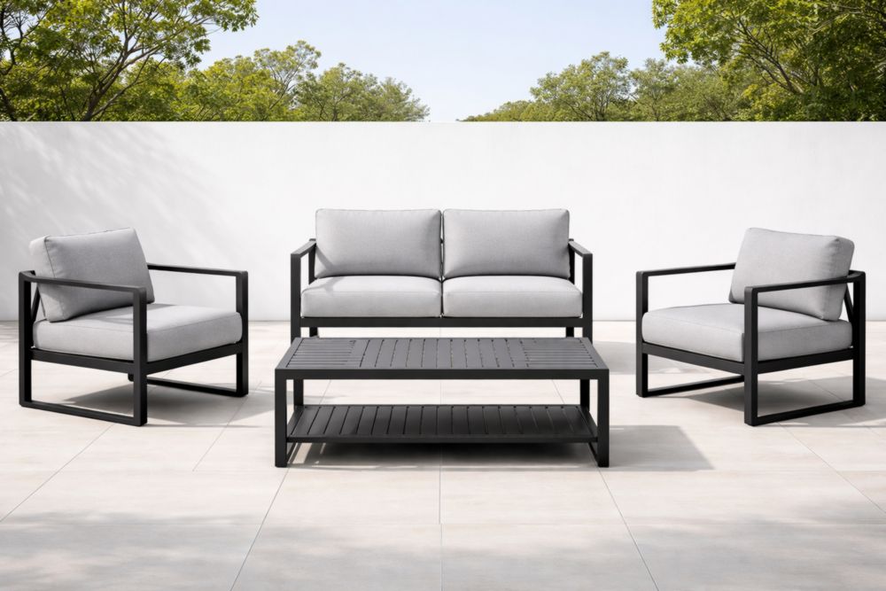 Salon de jardin en aluminium avec coussins en polyester gris-Decorivio