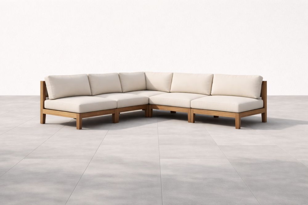 Canapé d'angle modulaire en bois et tissu beige-Decorivio