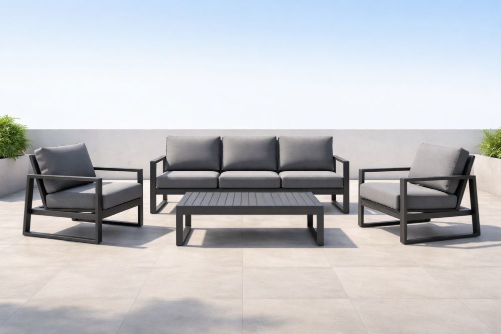 Ensemble de salon de jardin en aluminium avec coussins en polyester gris-Decorivio