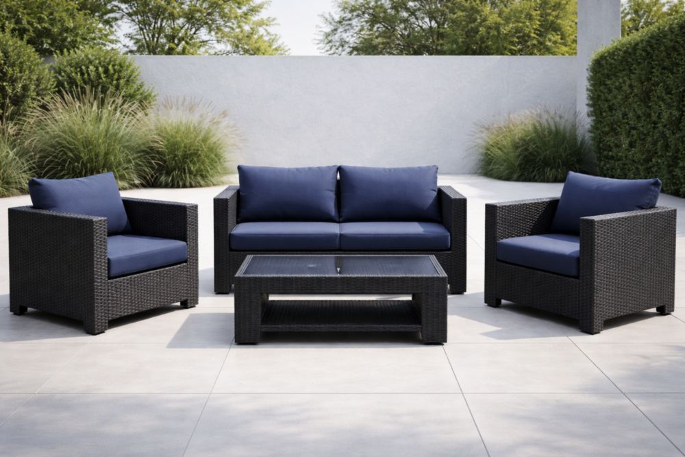 Ensemble de salon de jardin en résine tressée noire coussins bleu-Decorivio