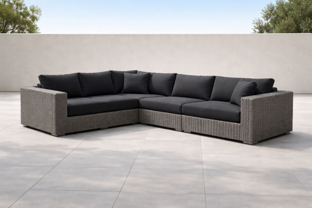 Canapé d'angle modulable rotin synthétique coussins polyester Gris/Noir-Decorivio