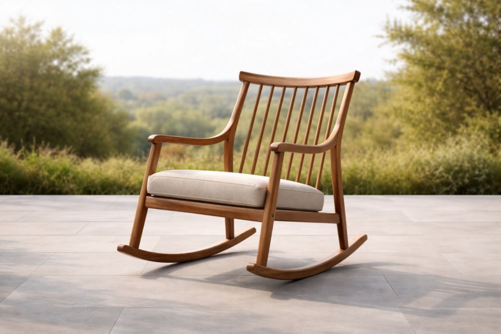 Chaise Berçante en Bois avec Coussin en Lin Beige-Decorivio