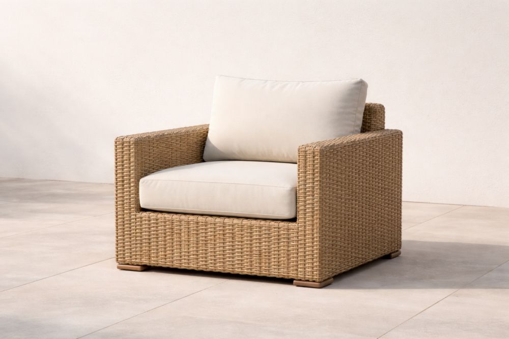 Fauteuil en résine tressée Beige avec coussins Blancs-Decorivio