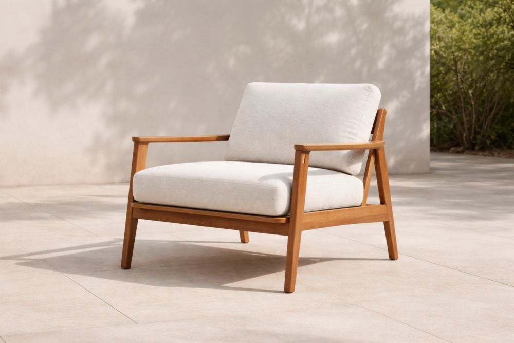 Fauteuil en bois avec coussins en tissu beige-Decorivio