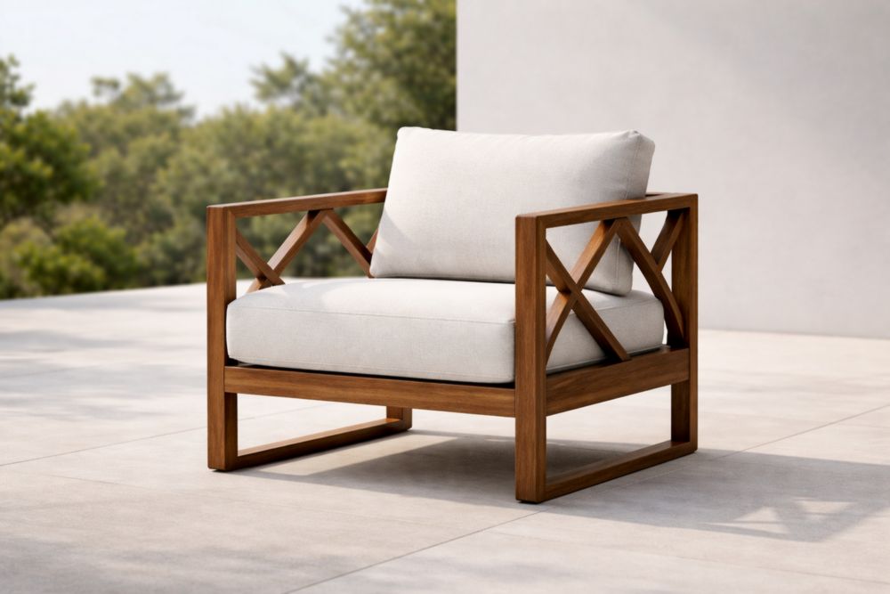 Fauteuil en bois massif avec coussins en polyester beige-Decorivio