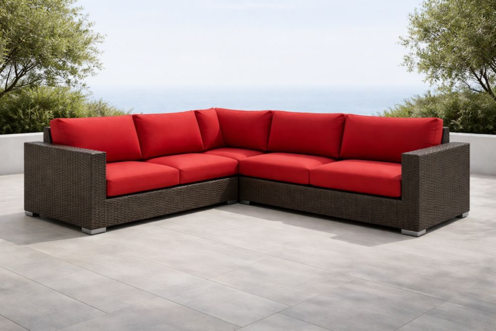 Canapé d'angle extérieur en rotin Marron avec coussins Rouges-Decorivio