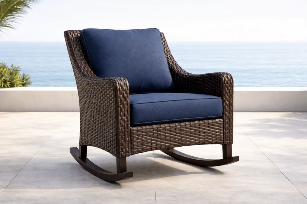 Fauteuil à bascule en rotin tissé chocolat bleu-Decorivio