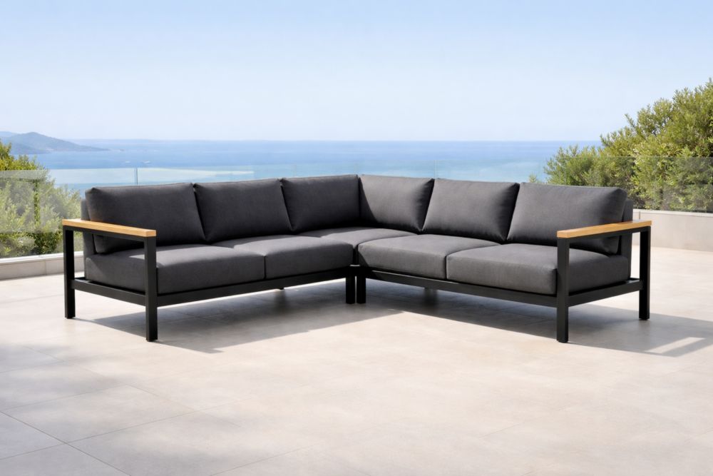 Canapé d'angle extérieur en aluminium et tissu gris-Decorivio