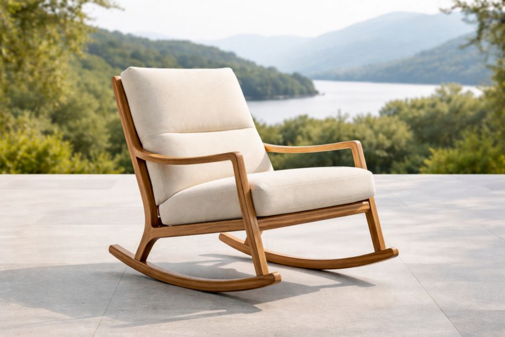 Chaise à bascule en bois avec coussins en tissu crème-Decorivio