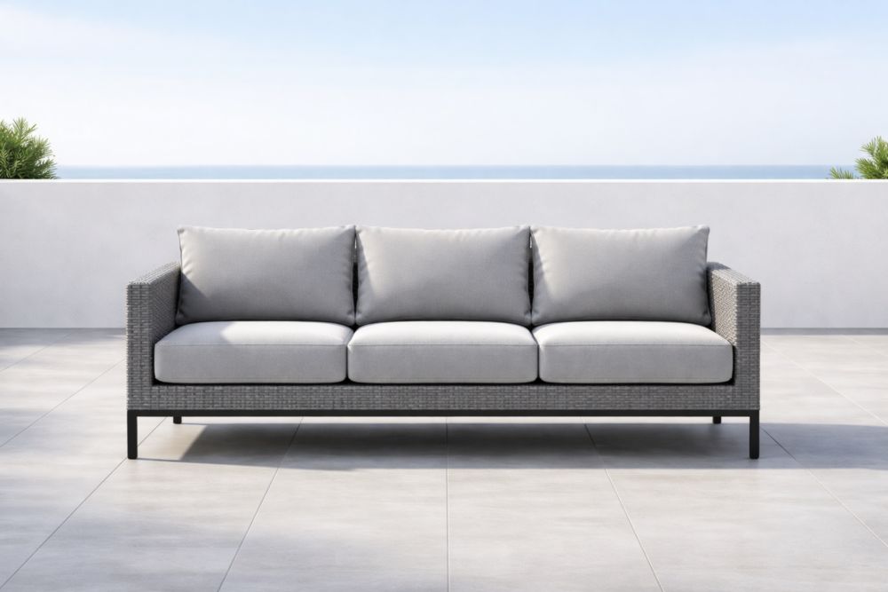 Canapé 3 Places Résine Tressée Gris Coussin Polyester-Decorivio