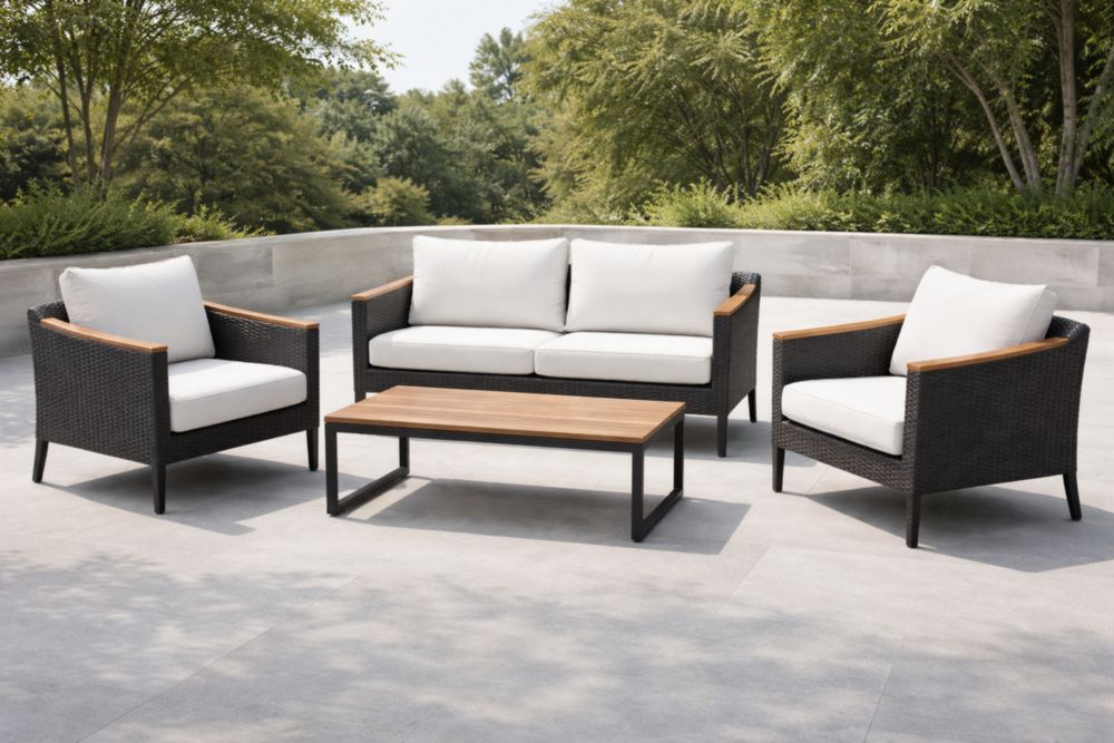 Ensemble de mobilier de jardin en résine et bois avec coussins blancs-Decorivio