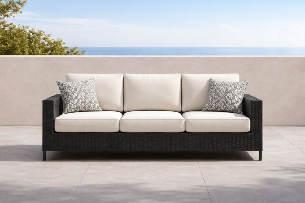 Canapé 3 Places Résine Tressée Coussins Amovibles Noir et Beige-Decorivio