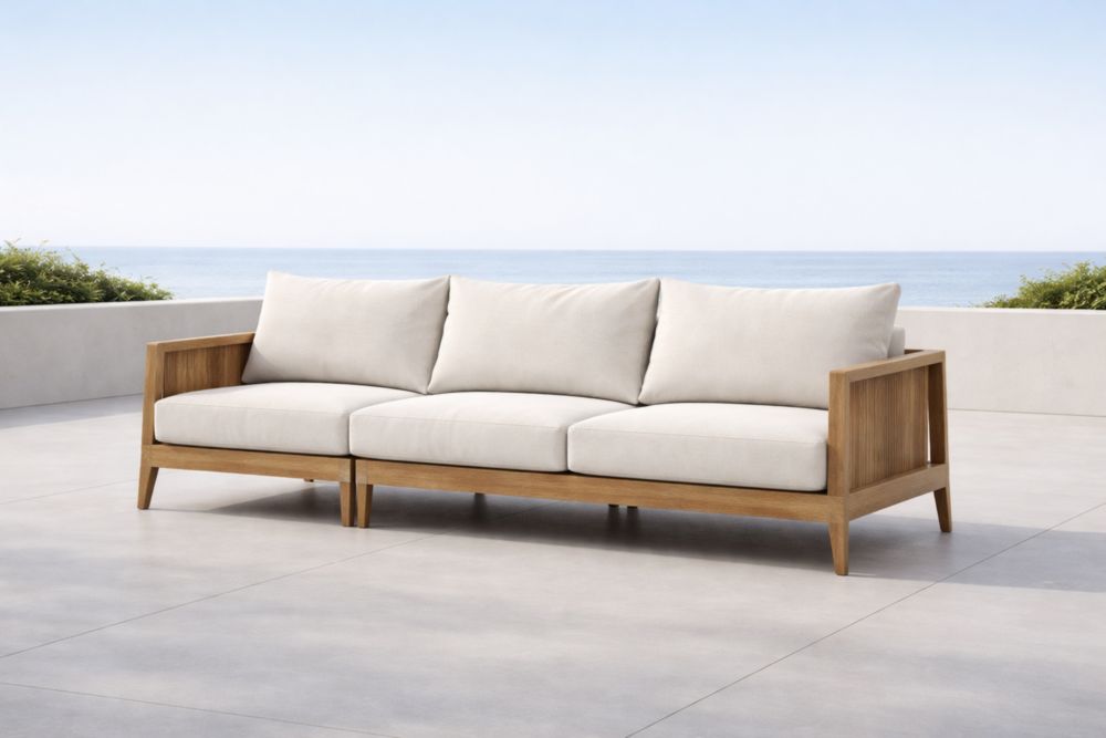 Canapé d'extérieur trois places en bois avec coussins beige-Decorivio