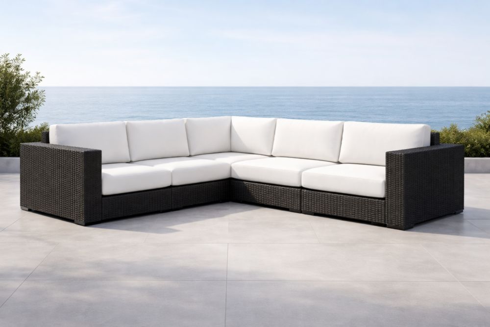 Ensemble de Canapé d'Angle Extérieur en Résine Tressée 5 Places Noir et Blanc-Decorivio