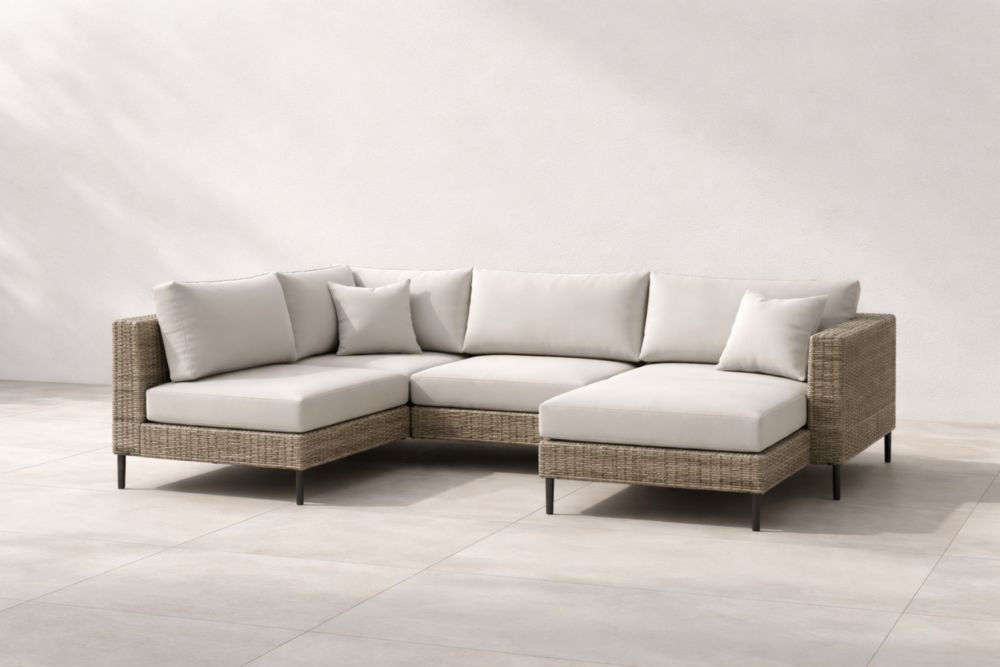 Canapé d'angle extérieur en rotin synthétique avec coussins polyester Beige-Decorivio