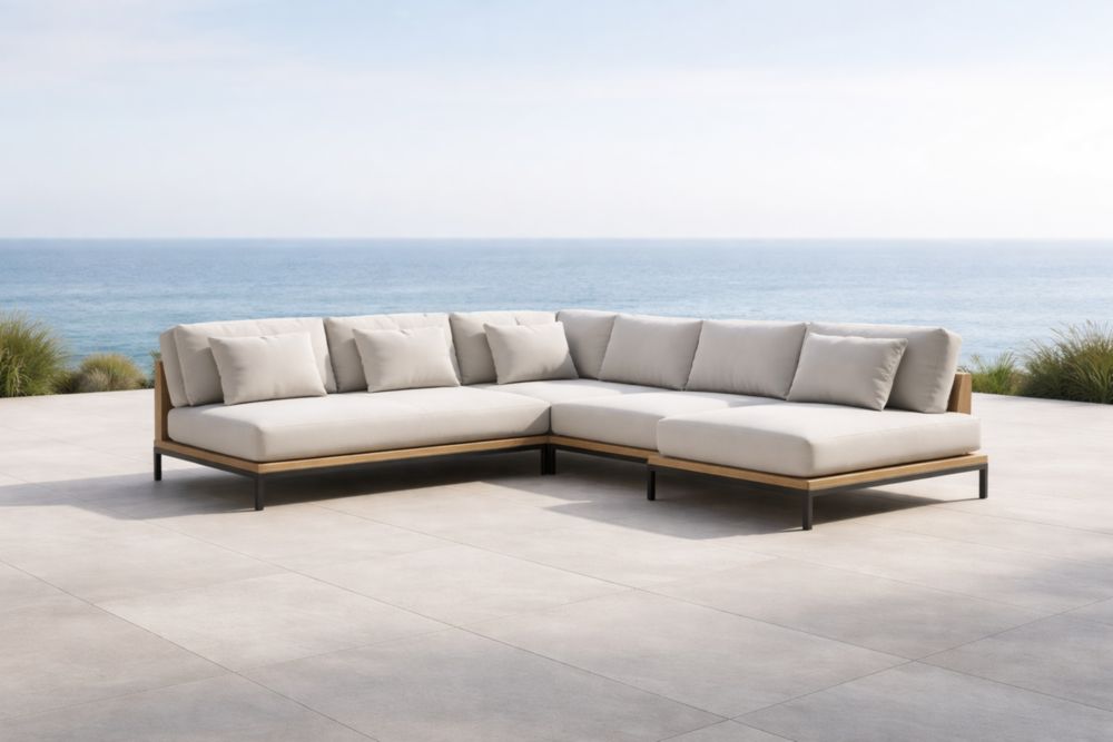 Canapé d'angle extérieur bois et métal avec coussins-Decorivio