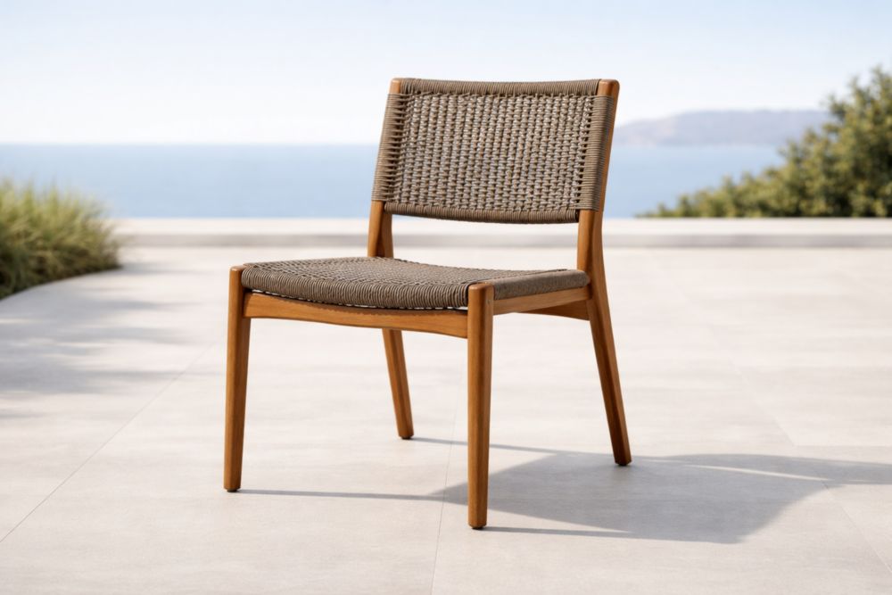 Chaise en teck avec assise et dossier en corde tressée-Decorivio