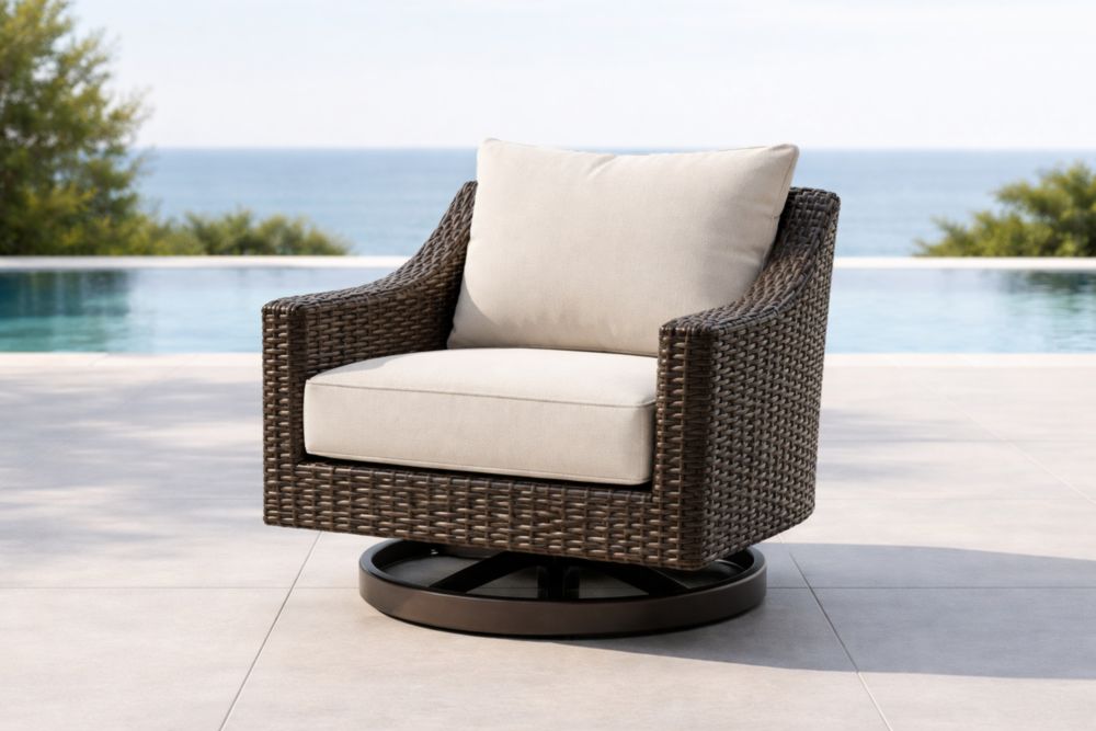 Fauteuil pivotant en rotin synthétique coussin polyester Beige-Decorivio